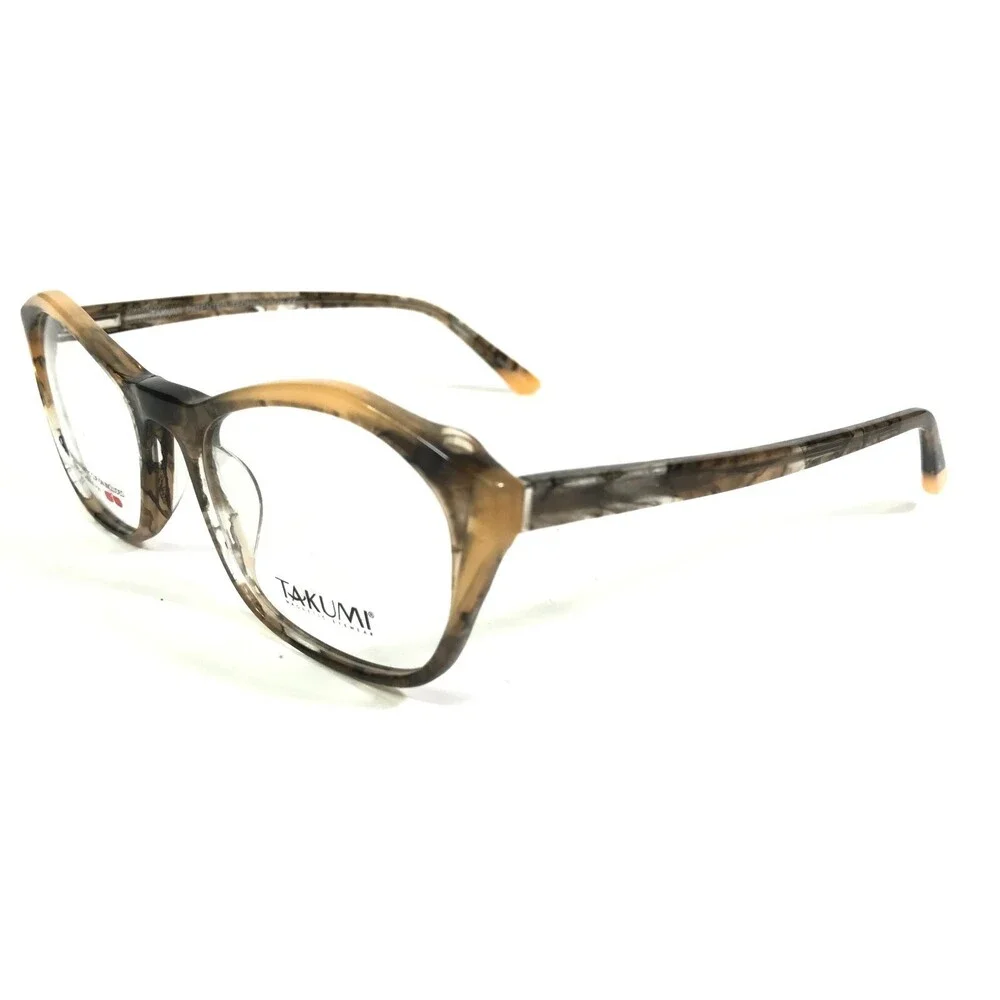 Takumi Eyeglasses Frames TK1145 10 Brown Yellow Marble Horn Geometric 52-19-140